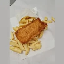 Fresh cod in golden batter with a bag of hand-cut chips.