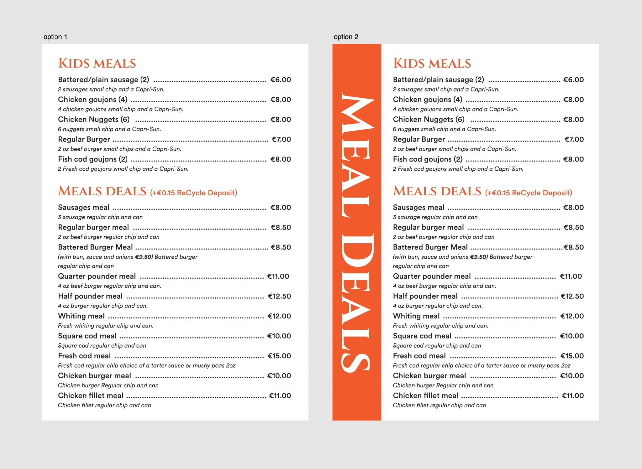 The printed T&D Fords DL menu, showing chips, burgers, fish and meal deals.