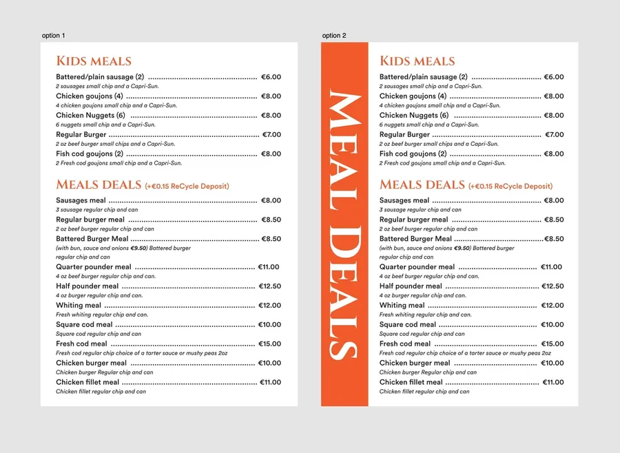 The printed menu, meal deals side.