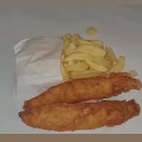 Two fish goujons in crisp batter beside a bag of chips.