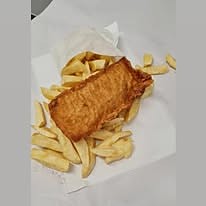 Fresh cod in golden batter with a portion of hand-cut chips.