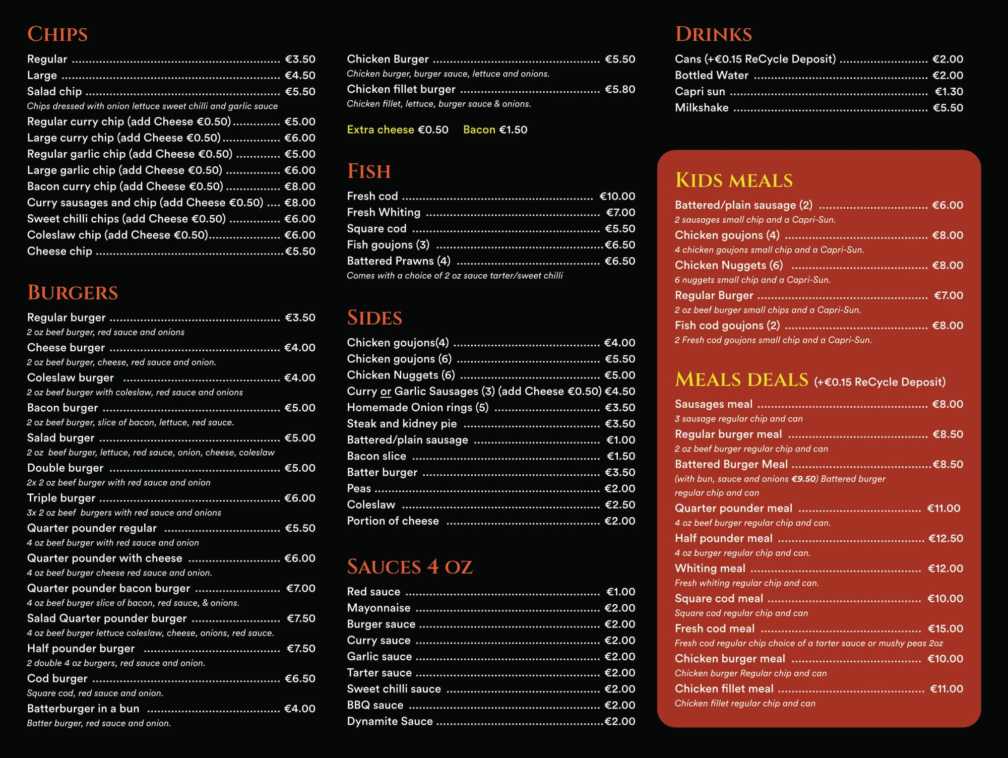 The full T&D Fords menu board, showing chips, burgers, fish, sides, sauces and drinks.