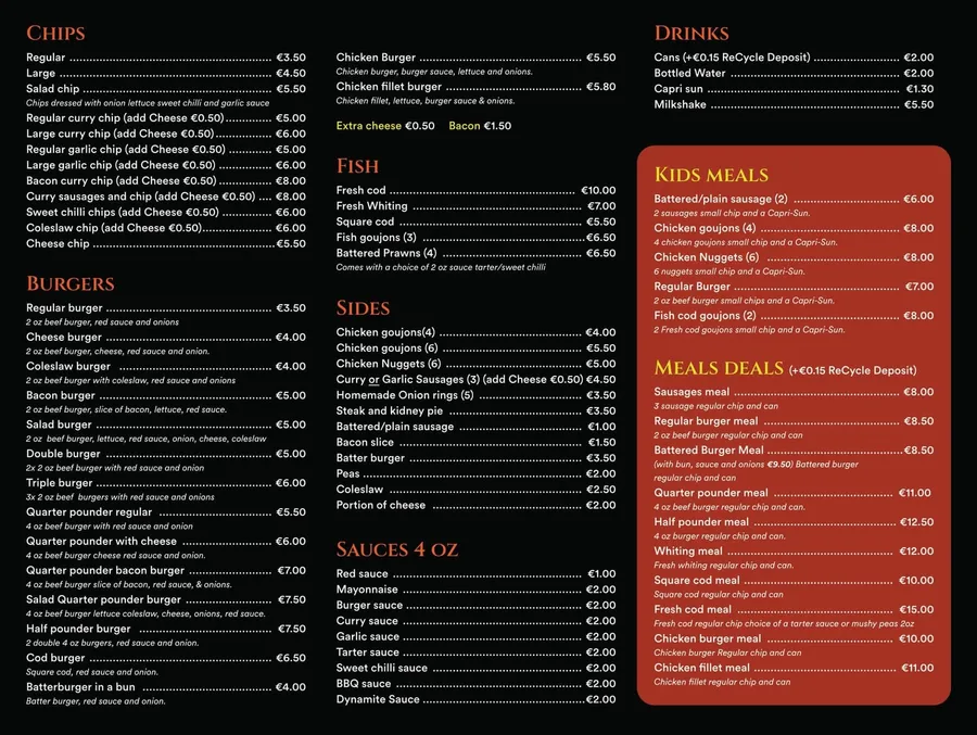 The printed T & D Ford takeaway menu.