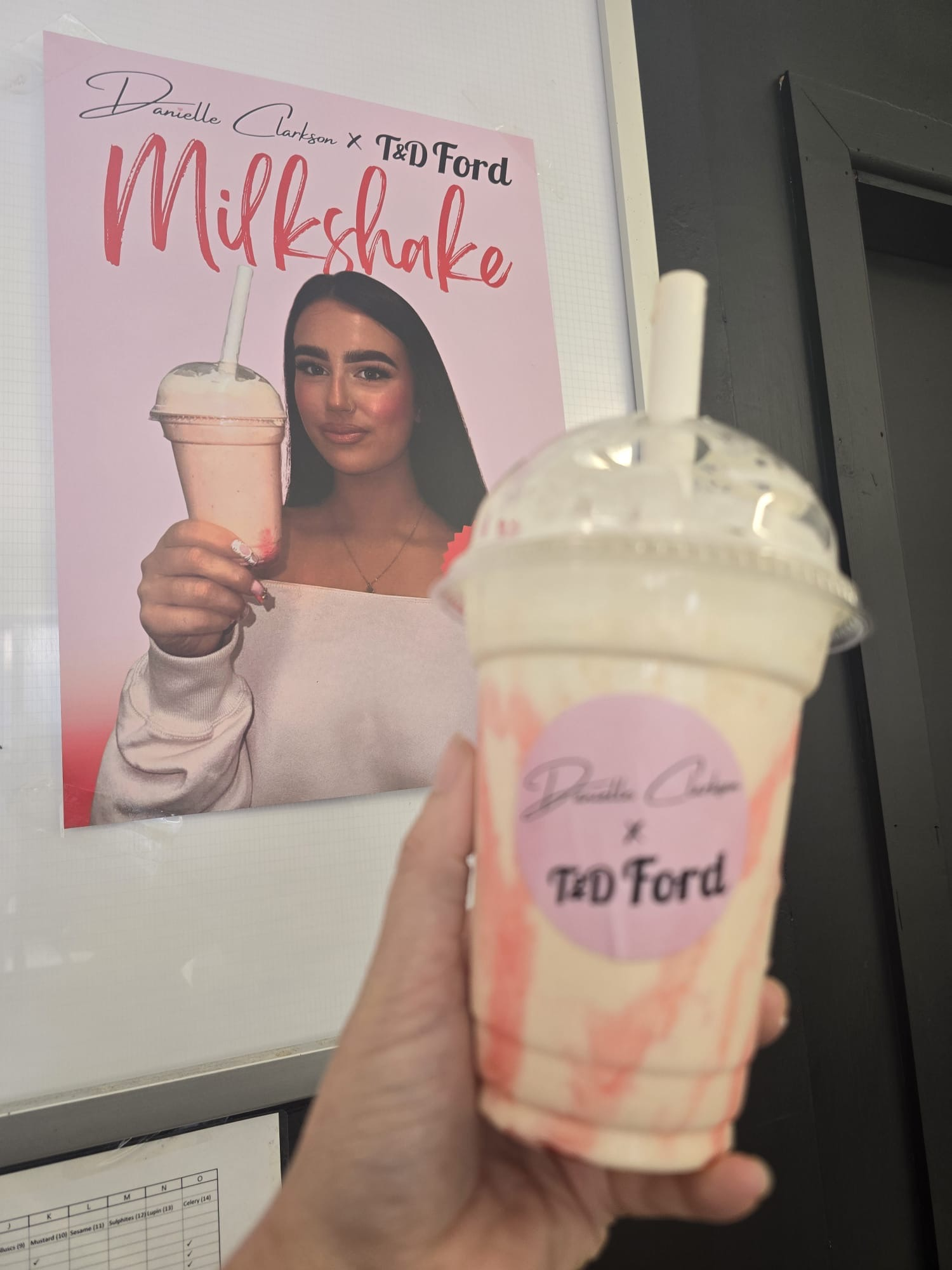 The Danielle Clarkson x T&D Ford strawberry and white chocolate milkshake.