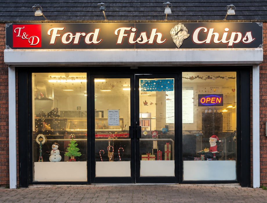 The T&D Fords shopfront, sign lit up, in Ballycummin Village.